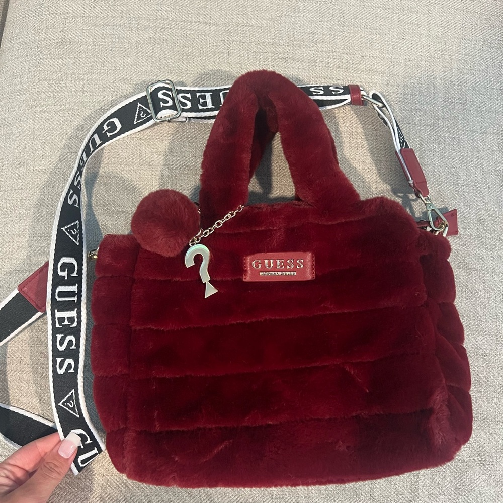Guess Red Velvet Shoulder Bag with Silver Accents